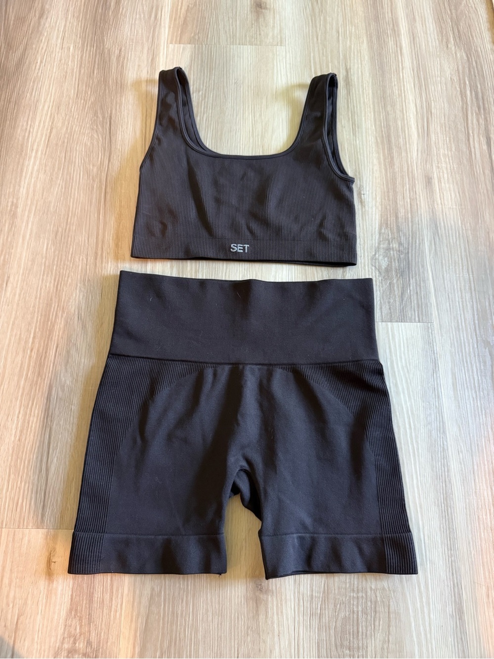 SET Black Ribbed Sports Bra & High-Waist Biker Shorts